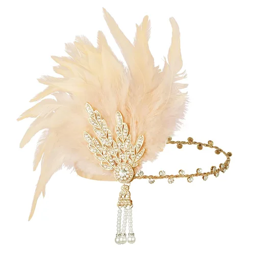 Vista 5 de BABEYOND Art Deco Flapper de los años 20 inspirado en el Gran Gatsby, medallón de hojas, perlas, pluma dorada y champán