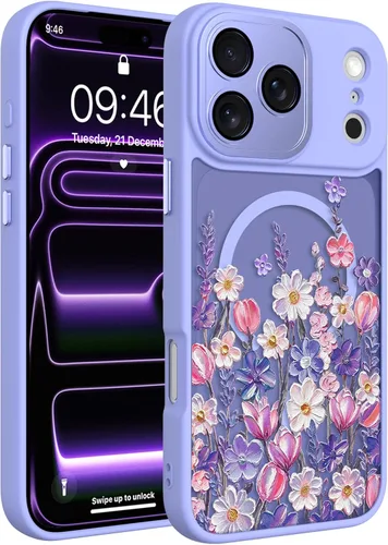 Vista 44 de Magnético para iPhone 13 con protector de pantalla [Compatible con MagSafe] Diseño de patrón floral de flores bonitas, funda delgada a prueba