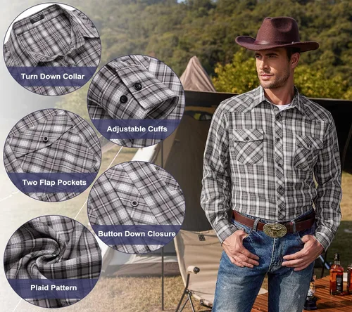 Vista 5 de COOFANDY Camisas vaqueras occidentales para hombre, de manga larga, casual, con botones, con bolsillos