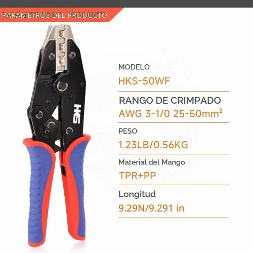 Vista 2 de HKS Herramienta de Engaste para Manguitos, Terminales de Virola y Extremo de Cable de Pin - Engastadoras de Cables con Trinquete - AWG 3-1/0