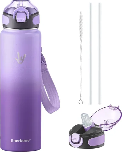 Vista 24 de Enerbone Botella de agua aislada de 24 onzas, 2 tapas de 24 onzas (con pajilla / sin pajilla), frasco de doble pared de acero inoxidable