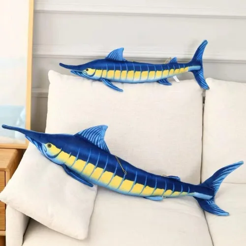 Vista 5 de Juguetes de peluche de pez Marlin azul de 24 pulgadas, suave felpa azul Makaira Mazara, juguetes de almohada de simulación, regalo para niños