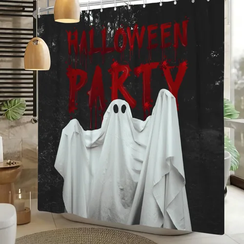 Vista 8 de Cortina de ducha divertida de Halloween, espeluznante y bonita, fantasma, calabazas, murciélagos, cortina de baño para niños, decoración