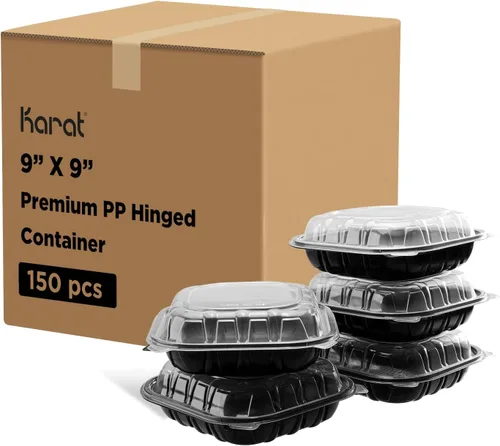 Vista 10 de Karat Contenedor con Bisagras de PP Premium [300 ct], Contenedores de Comida para Llevar - Caja (6"x6", 1 compartimento)