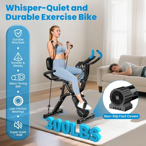 Vista 3 de Bicicleta estática plegable, bicicletas estacionarias multifuncionales para interiores para el hogar con resistencia magnética de 8 niveles