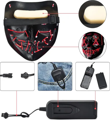 Vista 7 de KVISTER Máscara de purga iluminada, máscaras LED de Halloween, máscaras de disfraz aterradoras con 3 modos de luz para fiesta de Halloween (verde)