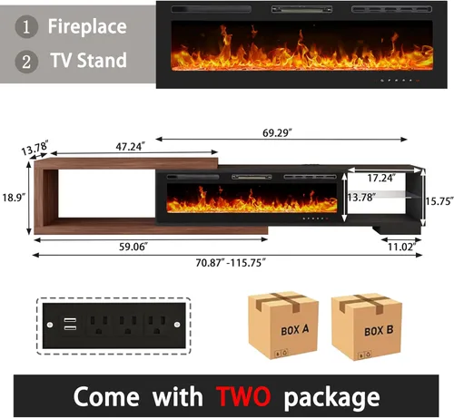 Vista 7 de Soporte de TV extensible con chimenea eléctrica de 71 a 116 pulgadas, moderno centro de entretenimiento con luces LED y toma de corriente para TV