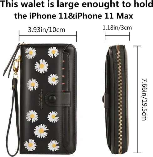 Vista 4 de Cartera de cuero para mujer, con bloqueo RFID, bolsillo con cremallera, tarjetero con ventana de identificación