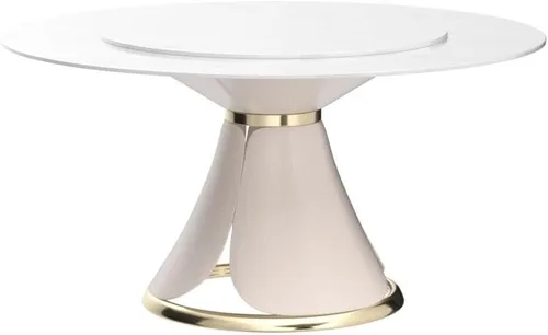 Vista 4 de Leavader Mesa de comedor redonda de 59 pulgadas, moderna mesa de mármol sintético con bandeja giratoria y base en forma de pétalo, mesa de comedor