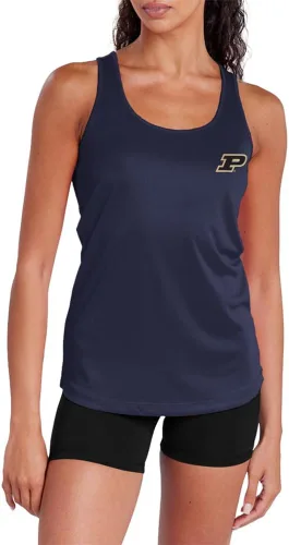Vista 231 de Camiseta deportiva sin mangas oficial de NCAA Collegiate para mujer, con espalda cruzada, colección con logotipo primario