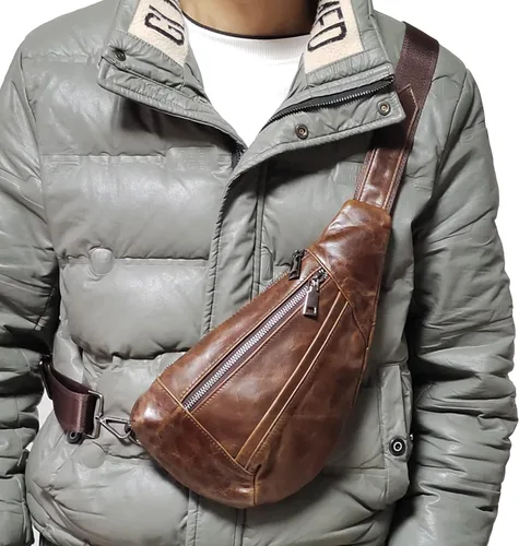 Vista 7 de Hebetag Bolso bandolera de cuero casual para hombres y mujeres, para viajes al aire libre, senderismo, campamento, hombro, pecho