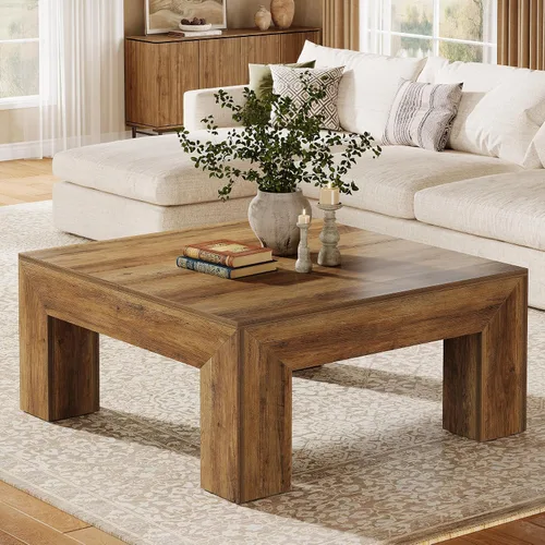 Vista 8 de Tribesigns Mesa auxiliar cuadrada de 39.4 pulgadas para sala de estar, mesa de cóctel central de decoración de granja con patas de madera