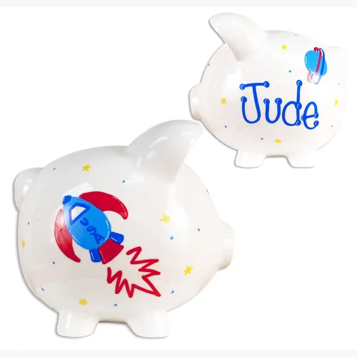 Vista 17 de Alcancía de cerámica personalizada Alcancía para niño - Alcancía blanca grande pintada a mano (avión de aire) Banco de monedas para niños