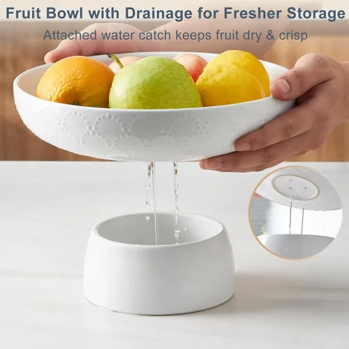 Vista 3 de ONEMORE Frutero de cerámica de 10 pulgadas, tazón grande de pedestal blanco con diseño de patas extraíbles y agujeros de drenaje para encimera