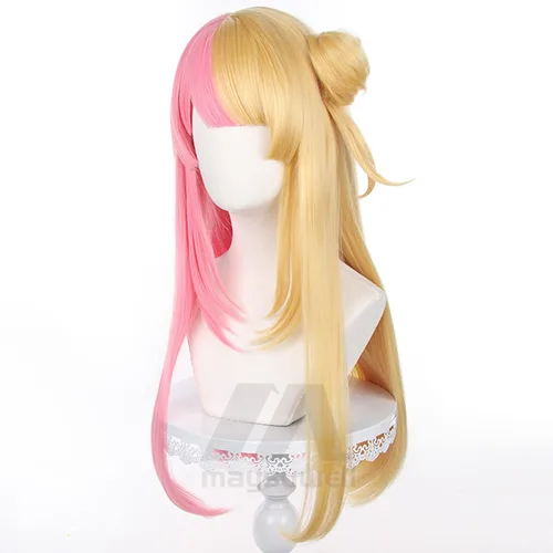 Vista 4 de Vtuber Kotoka - Peluca de cosplay con cabello sintético largo y lacio rosa y rubio amarillo para mujer, con gorra de peluca gratis para Comic Con