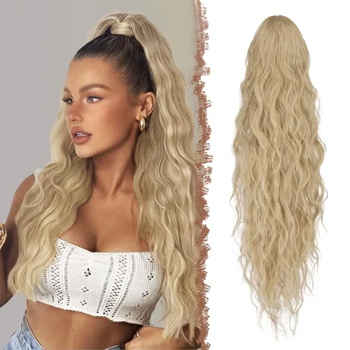 Vista 25 de FESHFEN Extensiones de cola de caballo – 26 pulgadas cordón largo rizado ondulado clip en colas de caballo pelo sintético extensiones de cola