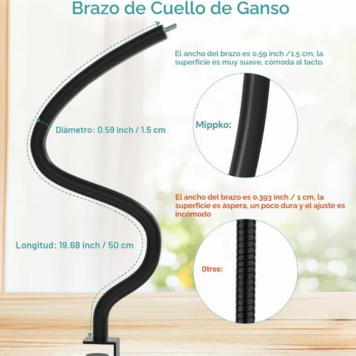 Vista 3 de Soporte para micrófono, 19.7 in de largo, flexible con brazo de cuello de cisne, soporte universal de clip de micrófono resistente adaptador de 3/8