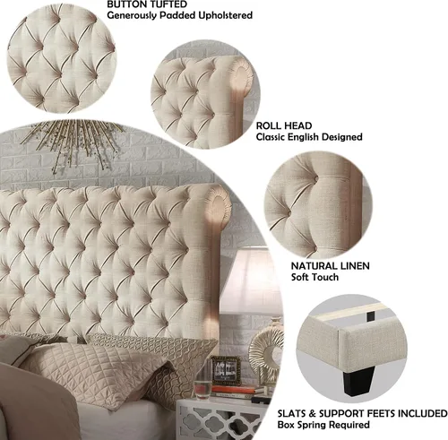 Vista 3 de Rosevera Atherine - Marco de cama tapizado de tela con cabecera ajustable, estilo Chesterfield, cabeza enrollada, soporte de listones de madera