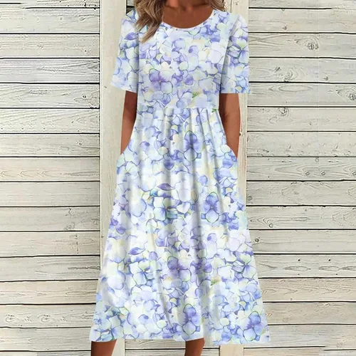 Vista 2 de Vestidos de playa bohemios florales para mujer, manga corta, cuello redondo, vestido de camiseta casual, vestidos de verano 2023 primavera verano