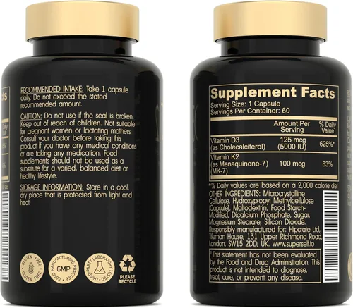 Vista 3 de Vitamina D3 K2 Cápsulas – Vitamina D3 5000 UI y Vitamina K MK7 100 mcg – 60 cápsulas – Suplemento vegetariano de vitamina D fabricado en Estados