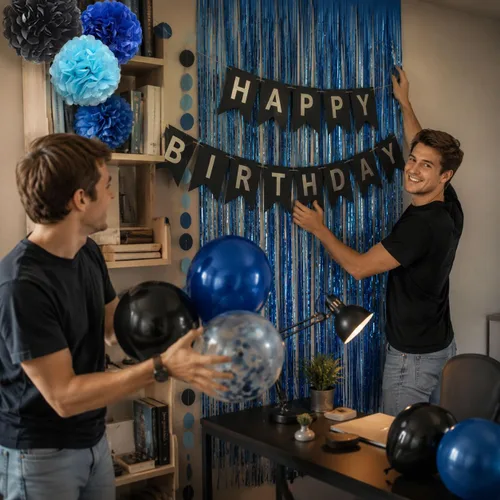Vista 5 de ANSOMO Decoraciones de Fiesta de Cumpleaños Azul y Negro para Niños Hombres Pancarta Globos Azul Marino Azul Real Azul Claro Pompones Cortina
