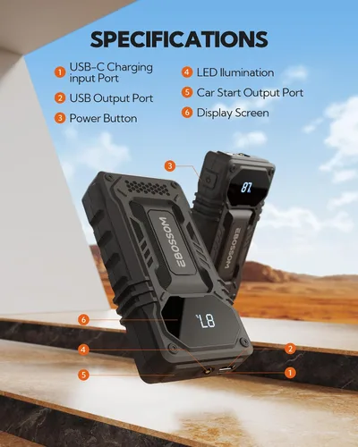 Vista 6 de Arrancador de Batería de Automóvil, 12000mAh Caja de Arranque de Batería, 44.4Wh Refuerzo de Arranque de Vehículo con Cables de Arranque
