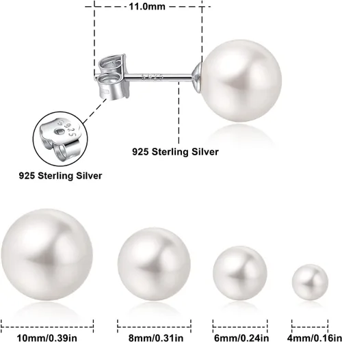Vista 2 de Aretes de tuerca chapados en oro blanco de 18 quilates con perlas de imitación para mujeres y niñas, aretes de boda de perlas blancas, joyería