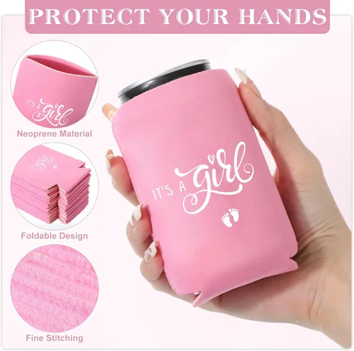 Vista 3 de Mifoci 50 piezas de decoraciones de baby shower, fundas de cerveza rosas para revelación de género, fundas para latas de fiesta para baby shower