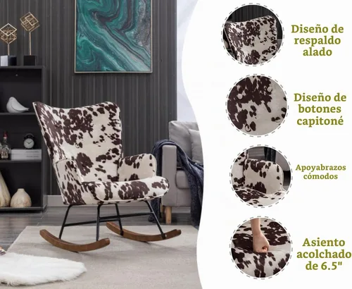 Vista 4 de EALSON Mecedora tapizada de tela, silla mecedora con respaldo copetudo y base de madera, sillón moderno y cómodo para dormitorio, sala de estar, vaca