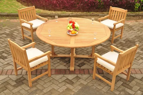 Vista 4 de 4 plazas grade-a Madera de teca 5 pieza conjunto de comedor: 72" Ronda mesa de comedor y sillas de Devon Brazo/Capitán