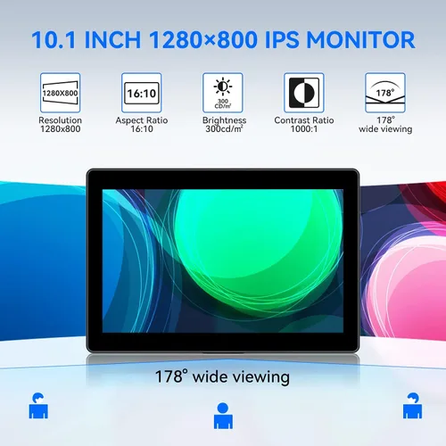 Vista 2 de Eyoyo Monitor de pantalla táctil pequeño de 10.1 pulgadas: pantalla IPS de 1280x800, táctil de 10 puntos, entrada HDMI VGA AV, altavoces