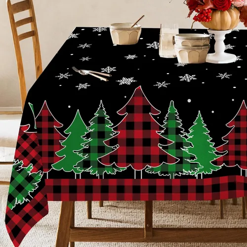 Vista 8 de pinata Manteles de Navidad de 52 x 70 pulgadas, mantel rectangular con diseño de árboles de Navidad, diseño de búfalo negro, a cuadros, oblongos