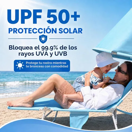 Vista 6 de Silla de bronceado de playa con mochila y toldo con protección solar y orificio para la cara, silla de sol plegable de 6 posiciones para adultos