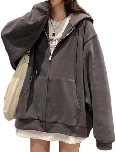 Vista 2 de SYYRXB Sudadera coreana con capucha y cremallera Y2k para mujer, Harajuku, suéter sólido con capucha de gran tamaño, otoño e invierno