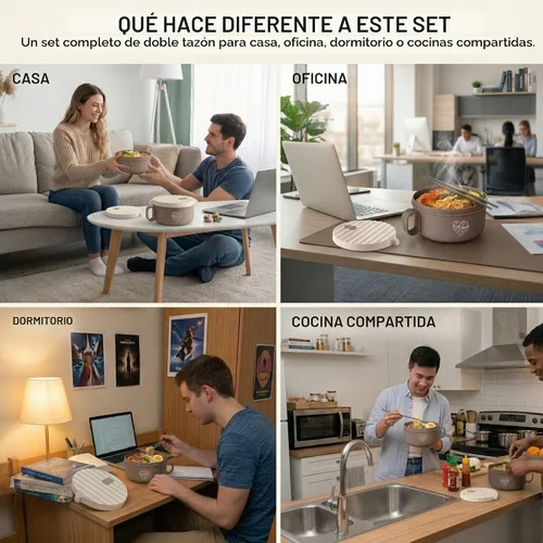 Vista 7 de Tazón de ramen para microondas de 40 onzas, olla de ramen con tapa, regalo de dormitorio universitario, color beige BPA Free