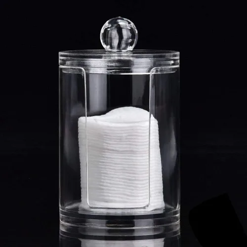 Vista 7 de Brrnoo Caja organizadora de almohadilla de algodón, soporte redondo de acrílico transparente para almohadillas de algodón y soplo de maquillaje