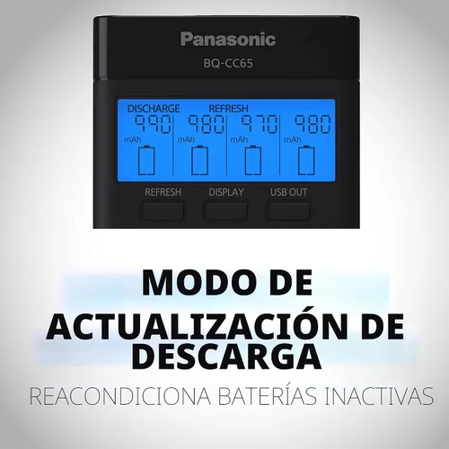 Vista 4 de Panasonic BQ-CC65AKBBA Cargador súper avanzado eneloop pro y eneloop de 4 posiciones con panel indicador LCD y puerto de carga USB, negro