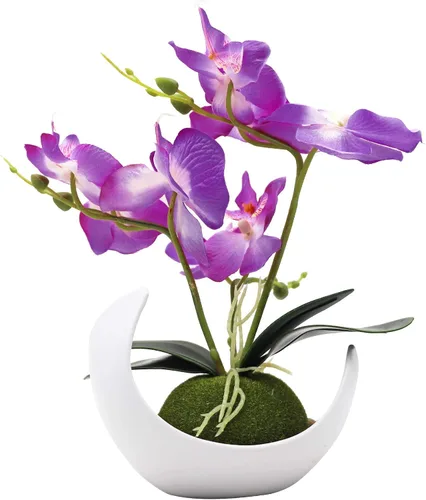 Vista 2 de MINYULUA Flor de orquídea artificial, arreglo floral de Phalaenopsis púrpura con jarrón, planta en maceta Bonsái para boda, fiesta, oficina, mesa