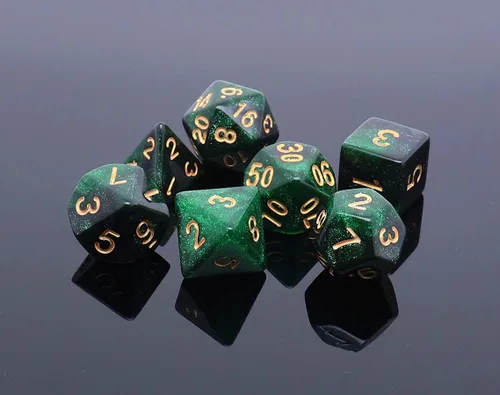 Vista 3 de Juego de dados poliédricos DND con brillo para juegos de rol de mazmorras y dragones (D&D) RPG, dados verdes mezclados con nebulosa negra