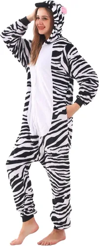 Vista 9 de WAFUNNE Pijamas de animales para adultos, disfraces de una pieza para hombres, mujeres, unisex, adolescentes, cebra