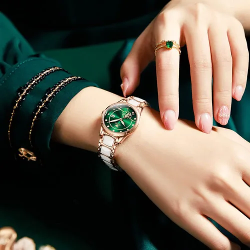 Vista 2 de OLEVS Relojes para mujer, oro rosa, de dos tonos, de moda, de cerámica, blanco, esfera rosa, roja, acero inoxidable, fecha impermeable