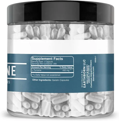 Vista 2 de Earthborn Elements L-tirosina 200 cápsulas, pura y sin diluir, sin aditivos