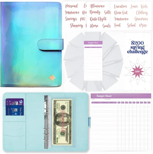 Vista 8 de SOUL MAMA Carpeta de presupuesto con sobres de efectivo, organizador de dinero azul para efectivo, carpeta A6 para presupuesto, carpeta de ahorro