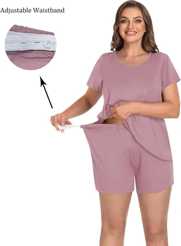 Vista 4 de SWOMOG Conjunto de pijama de maternidad para mujer, 3 piezas, ajustable, ropa de dormir de doble capa de manga corta para embarazo