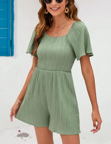 Vista 2 de KOJOOIN Women's Short Sleeve Square Neck Short Romper Off Shoulder Flutter Sleeve Wide Leg Mini Rompers