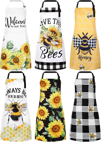 Vista 16 de Bencailor 6 delantales de cocina de verano con bolsillos, diseño de flores, gallo, abeja, mariposa, girasol, delantales de verano a granel
