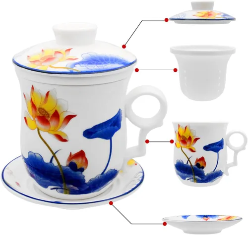 Vista 10 de Taza de té de porcelana con tapa de infusor y juegos de platillos – Taza de café de cerámica china Jingdezhen Taza de té de hoja suelta Sistema