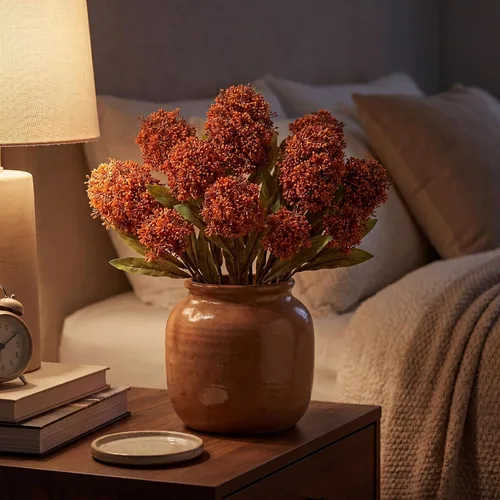 Vista 6 de Briful 3 piezas de flores artificiales de otoño de 22.8 pulgadas, color naranja quemado, ramas de flores artificiales, tallos de Skimmia de otoño