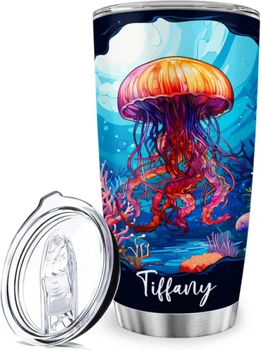Vista 10 de Vaso de ballena azul con tapa, taza de viaje de acero inoxidable de 20 onzas, vasos personalizados de ballena, regalos temáticos del océano azul