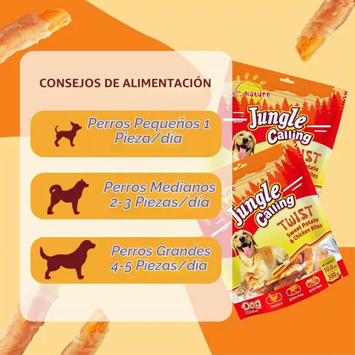Vista 5 de Jungle Calling - Golosinas de pollo y batata para perros, masticables suaves sin cuero crudo